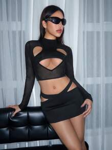 SHEIN ICON Cắt ra phía trước Lưới tương phản Áo phông Crop - màu đen - Xem 4