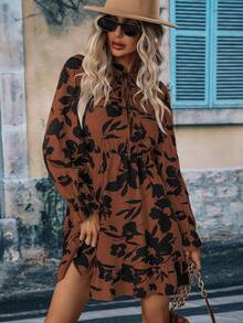 SHEIN Clasi Floral Print Tie Neck Flare Sleeve Ruffle Hem Dress - Orange - View 4