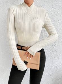 Chiquease Solid Mock Neck Ribbed Knit Tee - Apricot - View 3