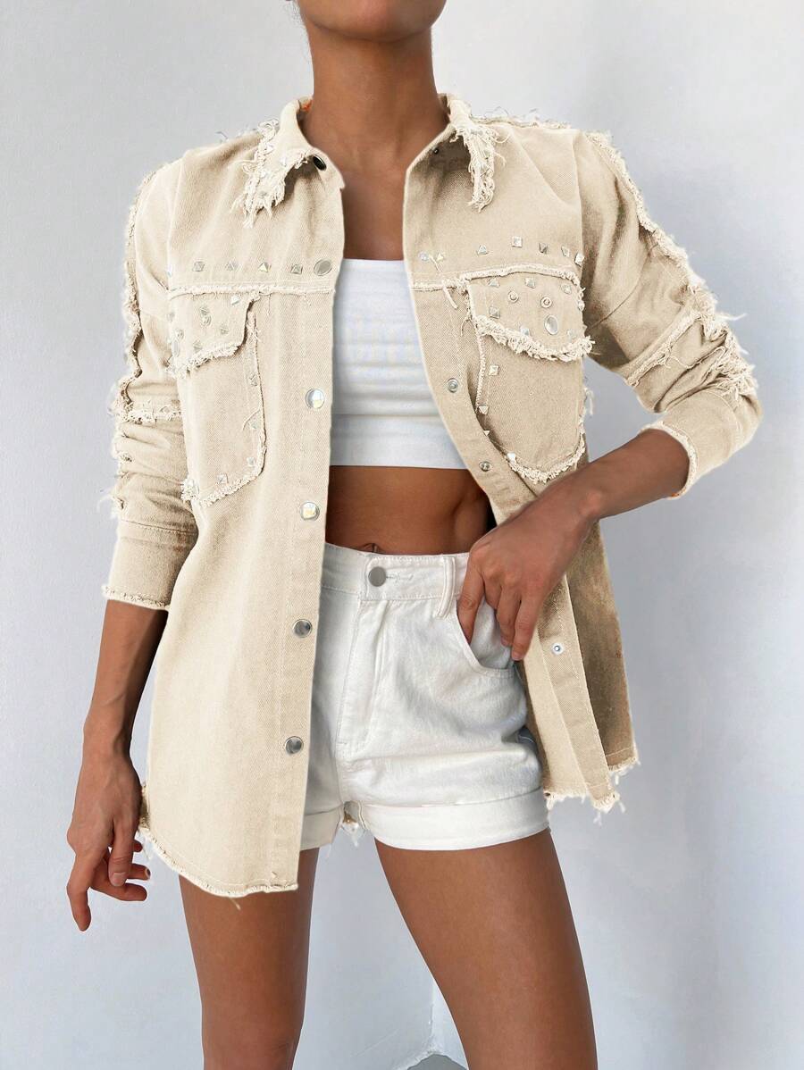 Cottnline Flap Pocket Raw Trim Button Front Denim Jacket - Beige - View 1