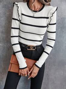 Chiquease Striped Pattern Ruffle Trim Sweater - Black and White - View 5
