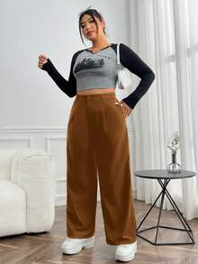 SHEIN EZwear 大碼褶皺闊腿褲 - 棕色 - 查看 3