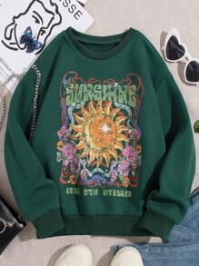 SHEIN Tween Girl Sun & Slogan Graphic Thermal Lined Sweatshirt - Dark Green - View 1