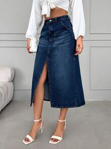 EURMUSE Split Thigh Denim Skirt - Blue - View 4