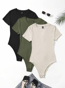 SHEIN Unity 3pcs Solid Ribbed Knit Bodysuit - Multicolor - View 1