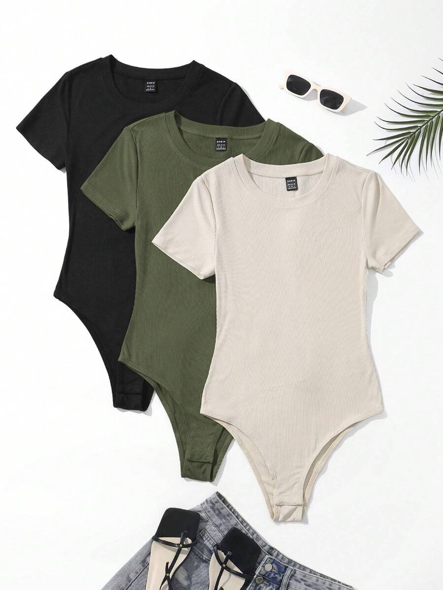 SHEIN Unity 3pcs Solid Ribbed Knit Bodysuit - Multicolor - View 1