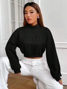 SHEIN EZwear Áo nỉ chui đầu cổ khoét vai in chữ nổi, áo dài tay cho mùa thu/đông - màu đen - Xem 7