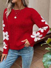 SHEIN LUNE 花卉圖案落肩袖套頭毛衣 - 紅色 - 查看 4