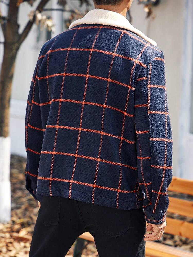 Loose Fit Men's Plaid Printed Jacket With Borg Collar And Flap Pockets