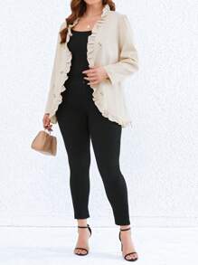 SHEIN LUNE 大碼褶邊前紐扣外套 - 杏色 - 查看 5