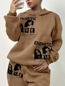 SHEIN Unity 標語圖案落肩袖連帽衫和運動褲 - 摩卡棕 - 查看 5