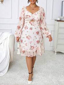 Celure Plus Floral Print Cut Out Ruched Ruffle Hem Dress - Multicolor - View 4