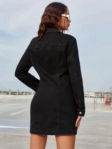 SHEIN EZwear 翻蓋口袋前紐扣牛仔洋裝 - 黑色 - 查看 2