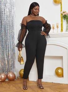 SHEIN Lady 大碼一字肩網紗拼接連身褲 - 黑色 - 查看 5