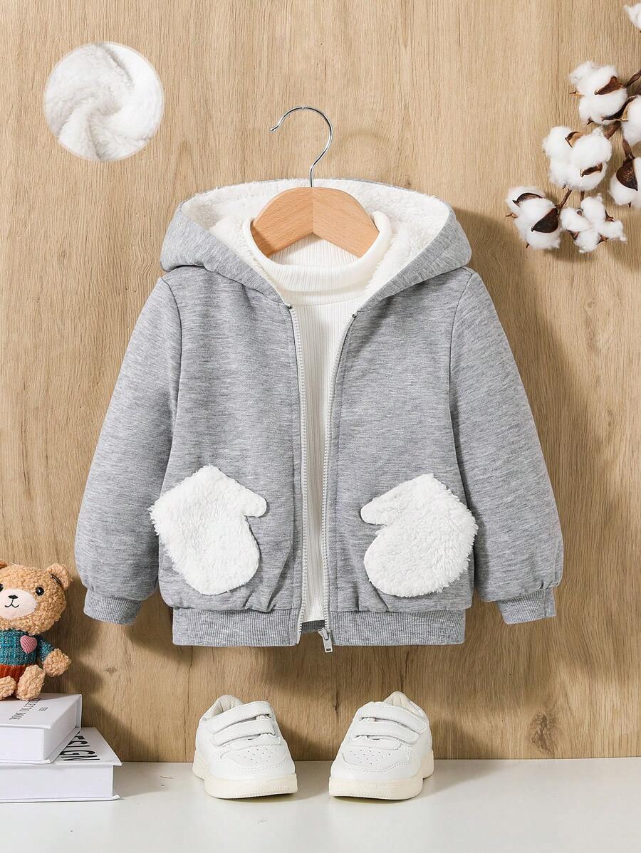 SHEIN Đứa bé gái 1 Miếng Túi Kép Dây kéo Lót nhiệt áo có mũ Áo khoác - Xám - Xem 1