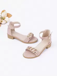 Girls Chain Decor Chunky Heeled Ankle Strap Sandals - Pink - View 1