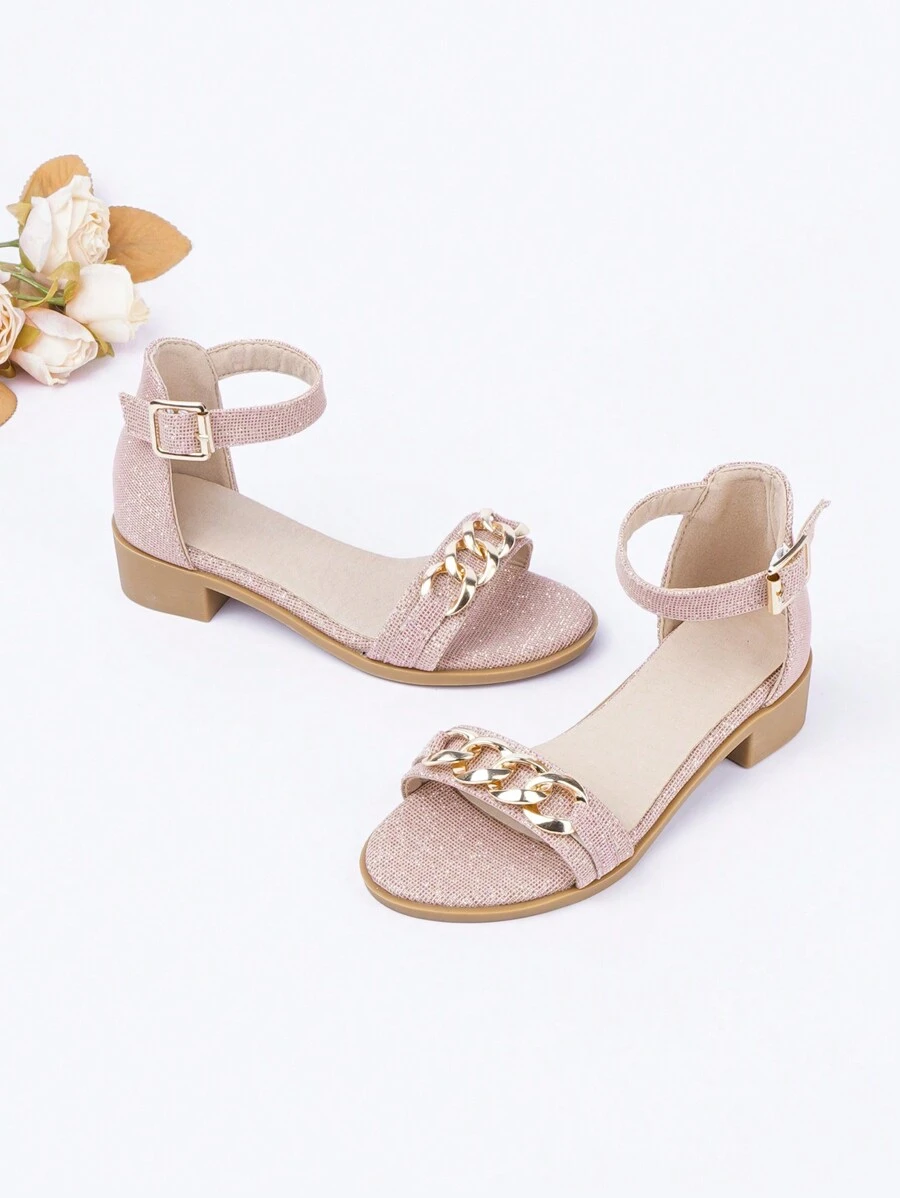 Girls Chain Decor Chunky Heeled Ankle Strap Sandals - Pink - View 1