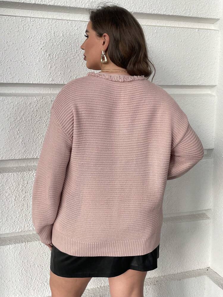 Plus Fringe Trim Drop Shoulder Sweater Knit Pullover Fall Winter Sweater