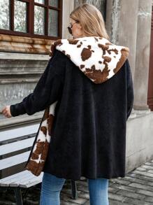 Calvaya Plus Contrast Panel Hooded Flannel Coat - Black - View 2