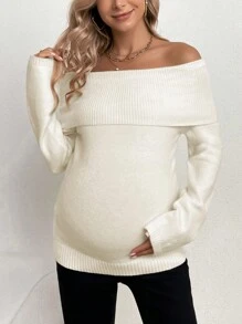 SHEIN Thai sản Gấp lại Off Shoulder Áo len - trắng - Xem 1