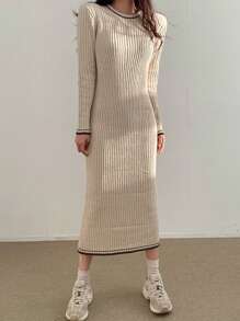 DAZY Contrast Trim Ribbed Knit Sweater Dress - Khaki - View 6