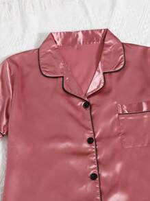 LuxeNights Contrast Piping Satin PJ Set / Pajama Set, Fall Winter Clothes - Watermelon Pink - View 3