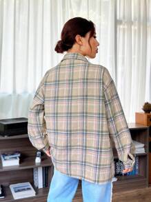 SHEIN EZwear Plaid Print Drop Shoulder Flap Pocket Overcoat - Khaki - View 2