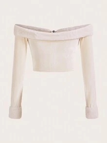 SHEIN EZwear Off Shoulder Fuzzy Cuff Zip Up Crop Top - Apricot - View 2