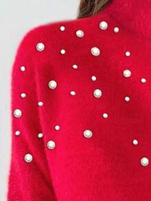 Pearls Beaded Mock Neck Drop Shoulder Fluffy Knit Sweater - Red - View 3