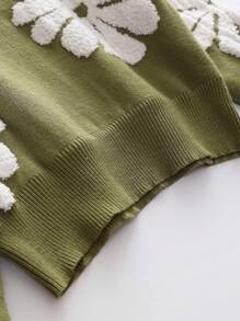 Teen Girl Floral Pattern Drop Shoulder Sweater - Olive Green - View 6