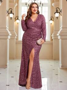 SHEIN Belle 大碼高衩亮片正式洋裝 - 藕粉色 - 查看 4