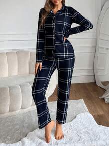 SHEIN Cottnline In kẻ sọc Bộ PJ - Màu xanh hải quân - Xem 3