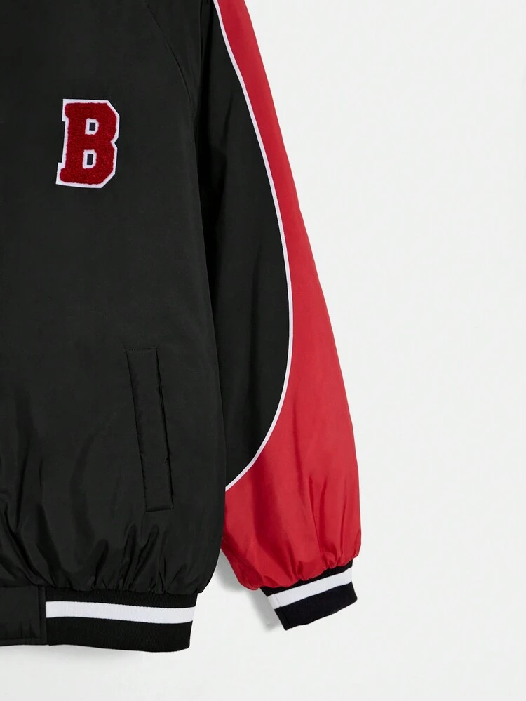 Letter Patched Striped Trim Raglan Sleeve Baseball Collar Padded Coat