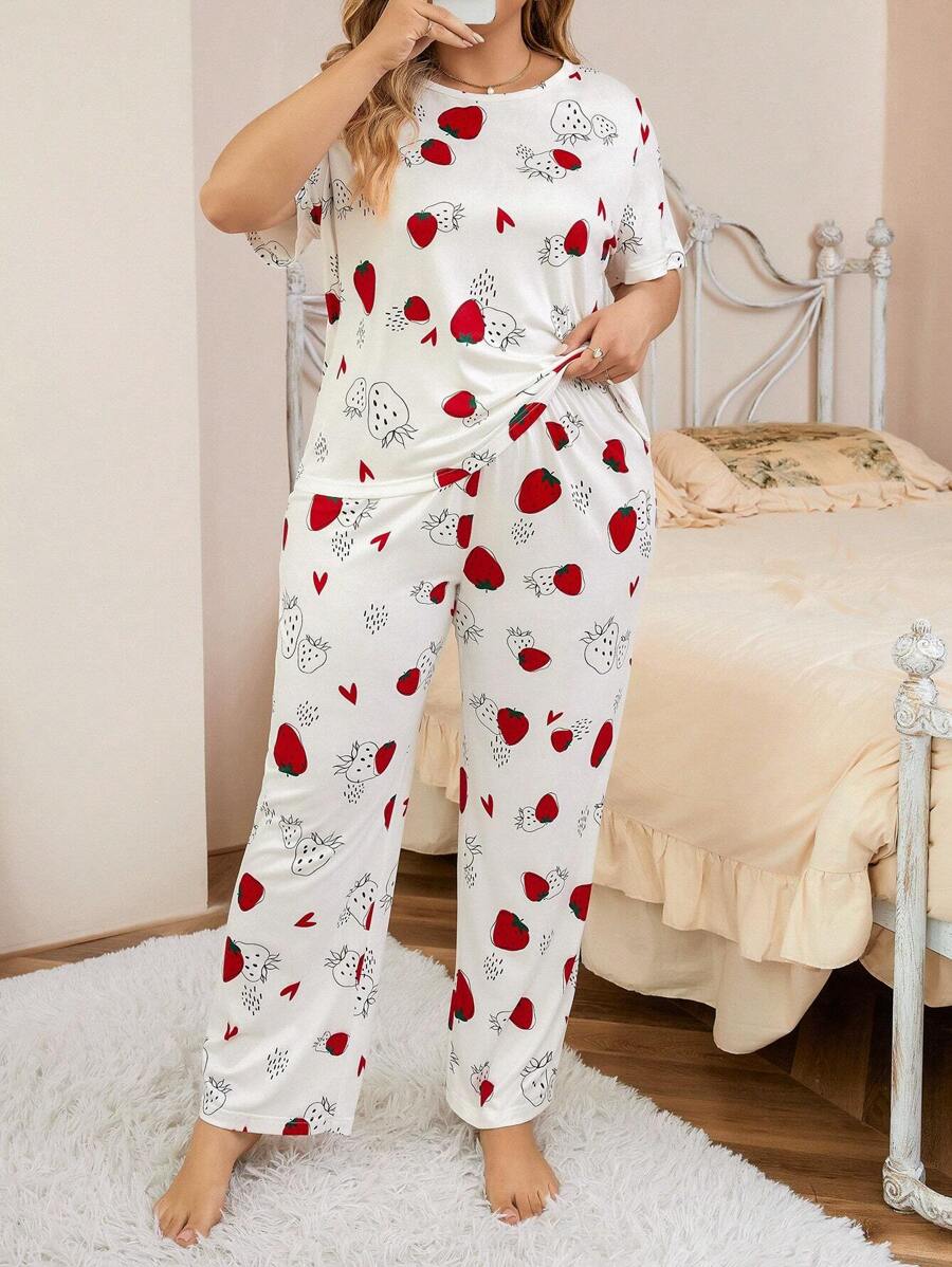 Plus Strawberry & Heart Print PJ Set / Pajama Set - Multicolor - View 1
