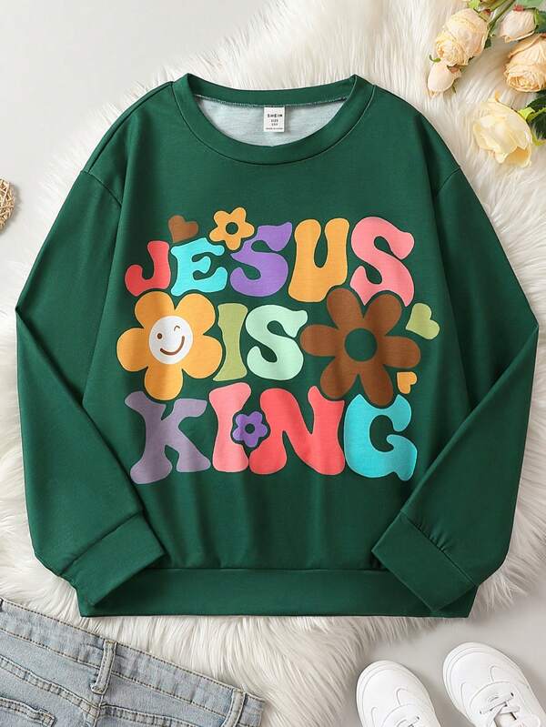 SHEIN Teenager Mädchen Sweatshirt mit Blume & Buchstabe Grafik, Drop Shoulder