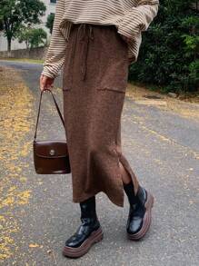 FRIFUL 冬季纯色抽绳腰部开衩下摆半身裙 - 咖啡棕 - 查看 7