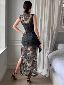 EastFlair Thêu hoa Lưới Tách đùi Đầm - màu đen - Xem 2