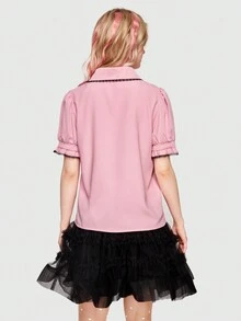 ROMWE Kawaii Tie Neck Ruffle Trim Blouse - Dusty Pink - View 5