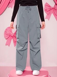 SHEIN 青少年女孩側翻蓋口袋腰部抽繩抽褶細節工裝褲 - 霧霾藍 - 查看 1