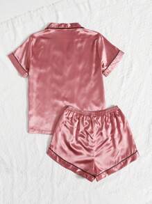 LuxeNights Contrast Piping Satin PJ Set / Pajama Set, Fall Winter Clothes - Watermelon Pink - View 2