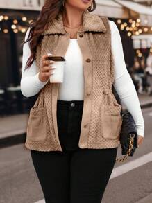 Calvaya Chaleco con botones y bolsillos dobles, talla grande, para invierno - Caqui - Ver 5