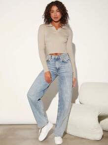 SHEIN BASICS Solid Ribbed Knit Crop Sweater - Apricot - View 5
