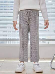 SHEIN Young Girl Drawstring Waist Cable Knit Straight Leg Pants