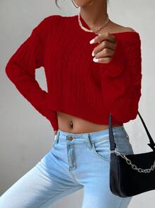 SHEIN LUNE Áo len chui đầu dệt kim kiểu dây cáp, vai rớt, thích hợp cho mùa thu đông. - Màu Đỏ Sâu - Xem 4