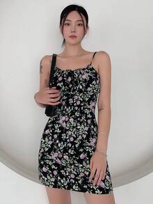 DAZY In hoa Tie Trước Váy Dây - màu đen - Xem 3