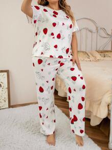 Plus Strawberry & Heart Print PJ Set / Pajama Set - Multicolor - View 4
