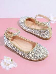 Mini mi 女孩水鑽裝飾踝帶平底鞋 - 香檳色 - 查看 4