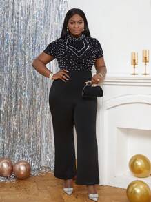 SHEIN Lady 大碼珍珠串珠小高領連身褲 - 黑色 - 查看 1