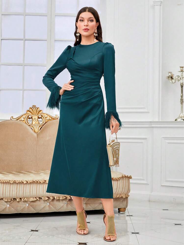 Fuzzy Cuff Ruched Detail Dress