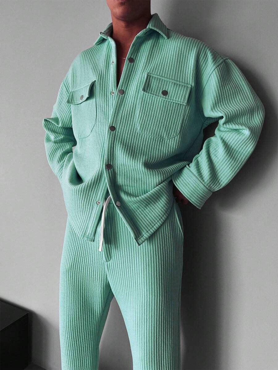 Manfinity Homme Nam 1 Miếng Túi có nắp Thả vai Vải to sợi Áo khoác kiểu sơ mi - Màu xanh lam - Xem 1